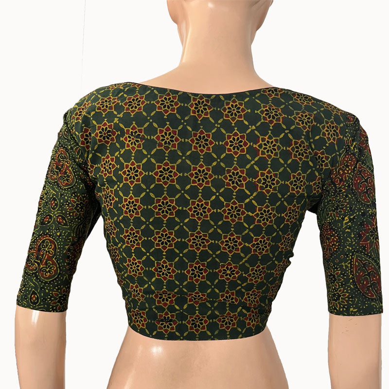 Ajrakh Cotton Sweetheart neck Blouse, Bottle Green, BA1148