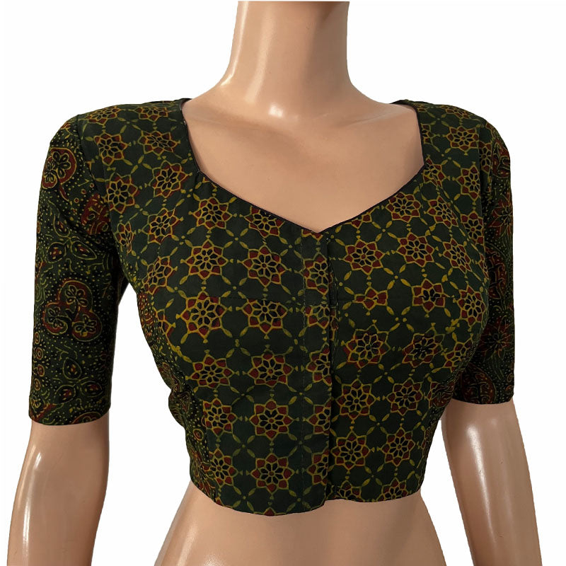 Ajrakh Cotton Sweetheart neck Blouse, Bottle Green, BA1148