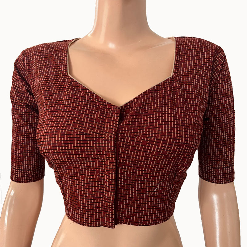 Ajrakh Cotton Sweetheart neck Blouse, Maroon, BA1149