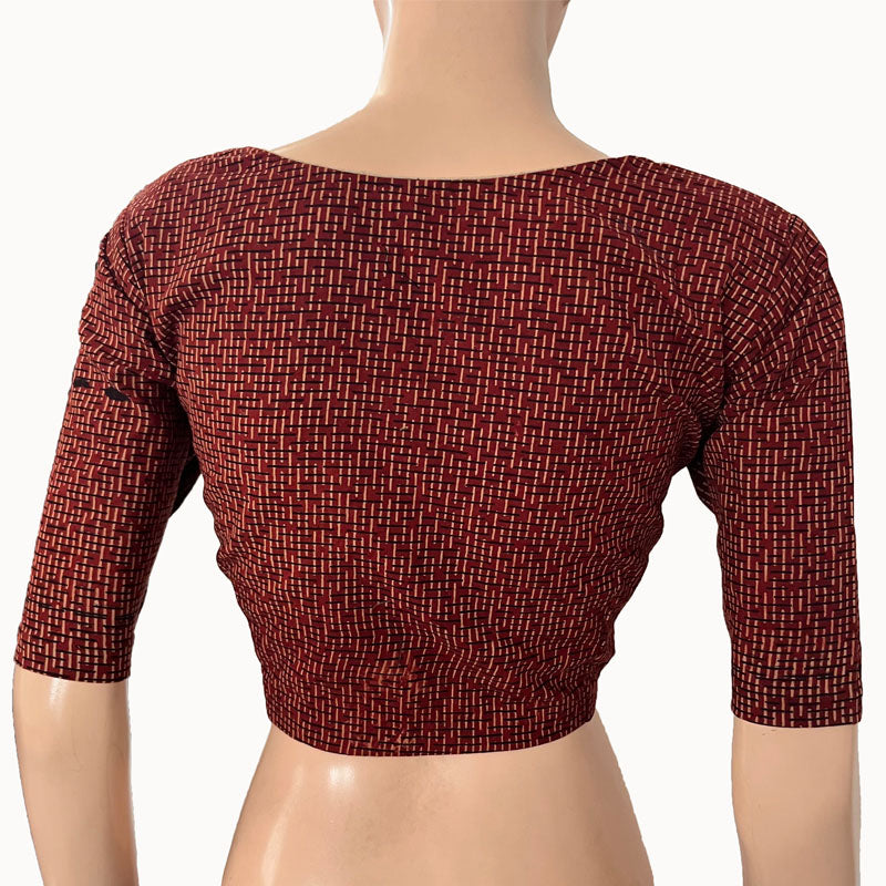 Ajrakh Cotton Sweetheart neck Blouse, Maroon, BA1149