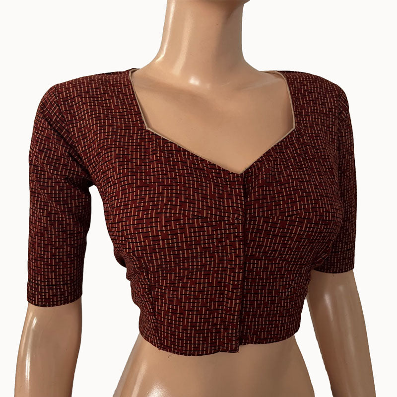 Ajrakh Cotton Sweetheart neck Blouse, Maroon, BA1149
