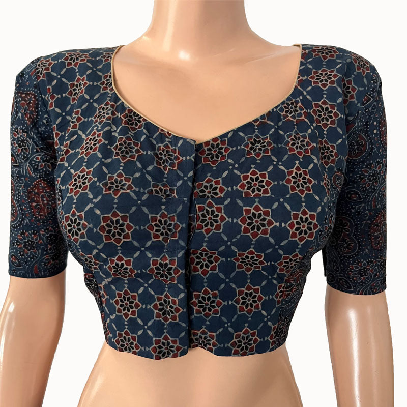 Ajrakh Cotton Sweetheart neck Blouse, Indigo blue, BA1150