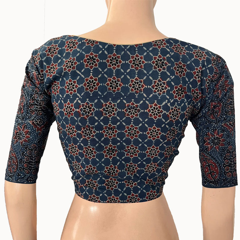 Ajrakh Cotton Sweetheart neck Blouse, Indigo blue, BA1150