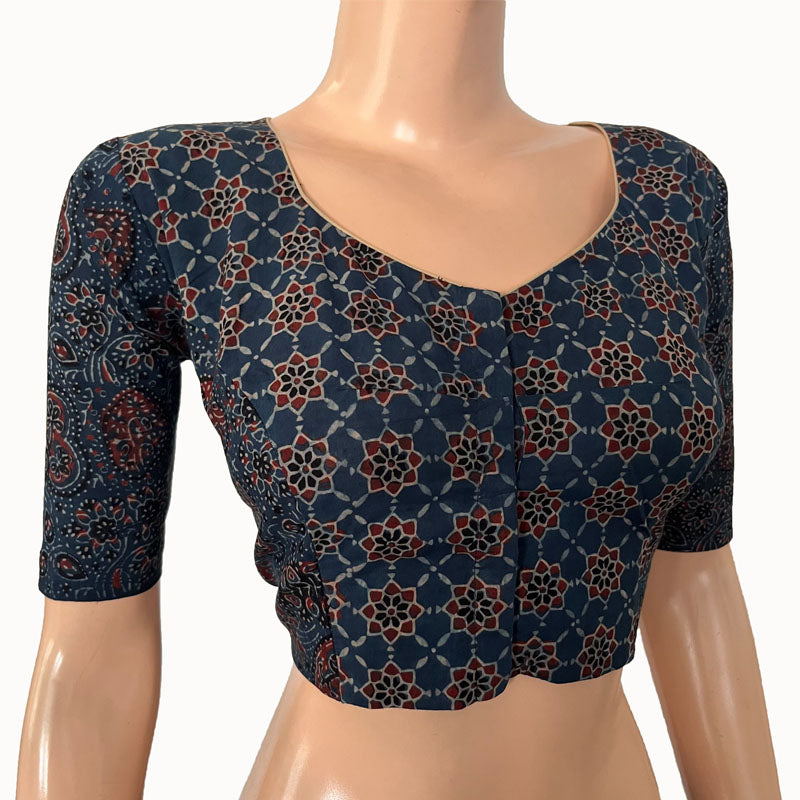Ajrakh Cotton Sweetheart neck Blouse, Indigo blue, BA1150