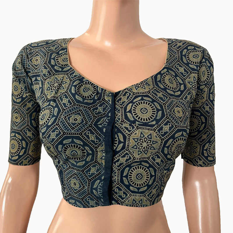 Ajrakh Cotton Sweetheart neck Blouse, Indigo blue, BA1151
