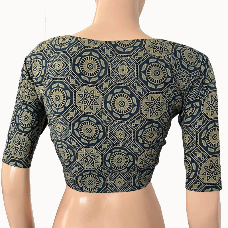 Ajrakh Cotton Sweetheart neck Blouse, Indigo blue, BA1151