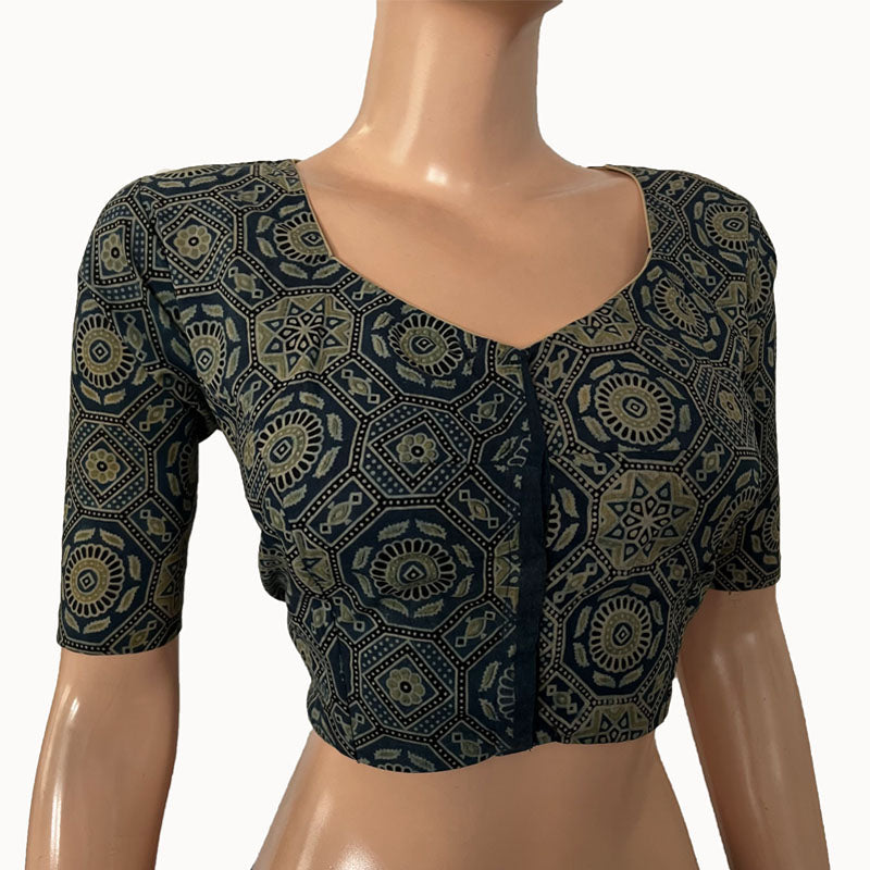 Ajrakh Cotton Sweetheart neck Blouse, Indigo blue, BA1151