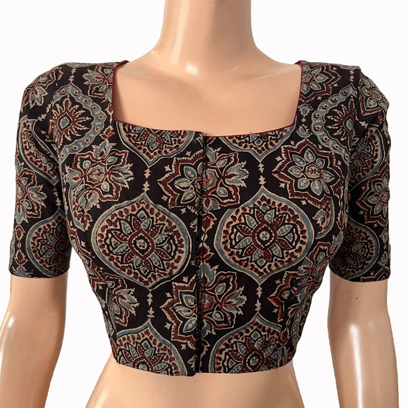 Ajrakh Cotton Square neck Blouse, Black, BA1153