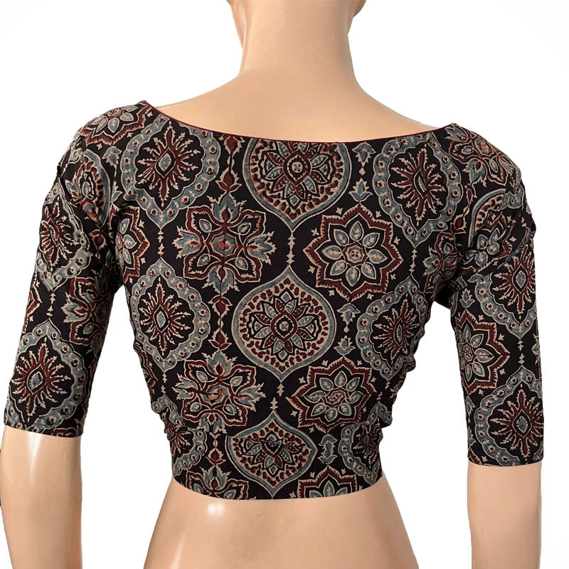 Ajrakh Cotton Square neck Blouse, Black, BA1153