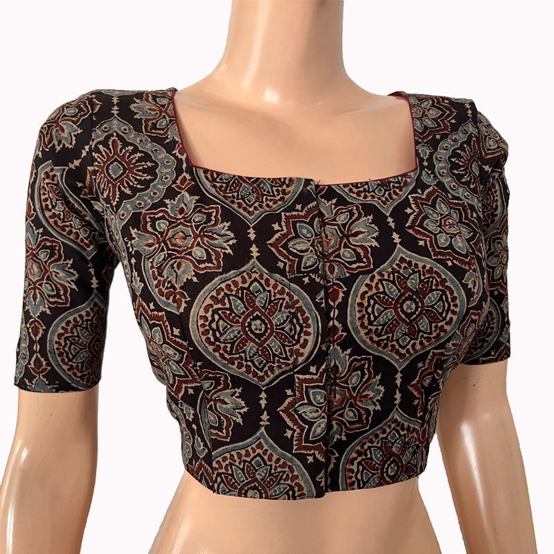 Ajrakh Cotton Square neck Blouse, Black, BA1153