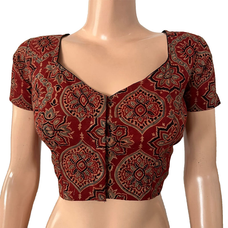 Ajrakh Cotton Sweetheart neck Blouse, with Short Sleeves Maroon, BA1154