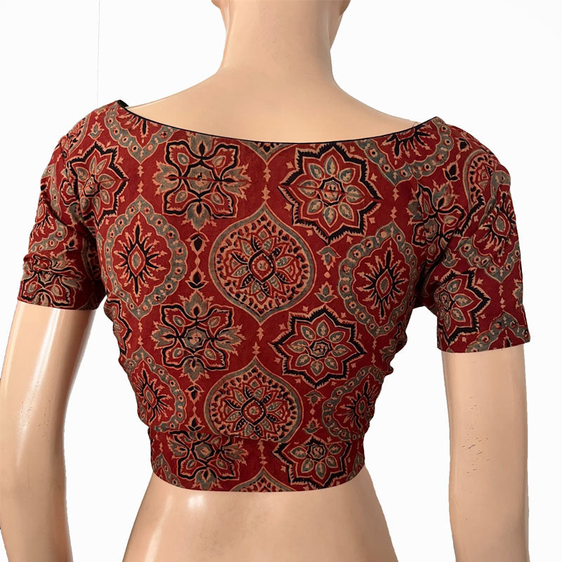 Ajrakh Cotton Sweetheart neck Blouse, with Short Sleeves Maroon, BA1154