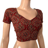 Ajrakh Cotton  Sweetheart neck Blouse, with Short Sleeves   Maroon,  BA1154 Ajrakh Cotton  Sweetheart neck Blouse, with Short Sleeves   Maroon,  BA1154
