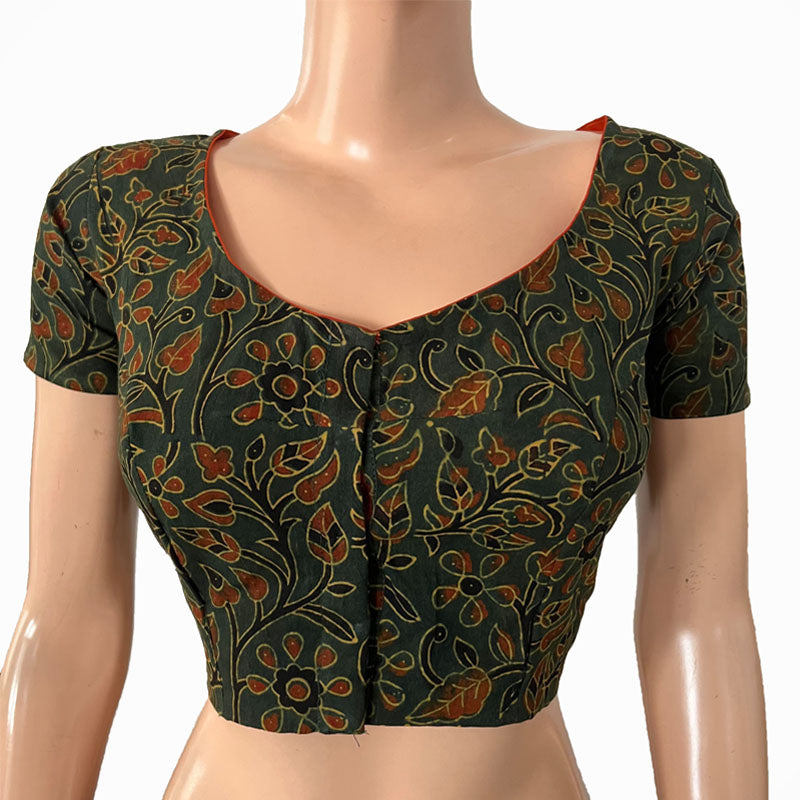 Ajrakh Cotton Round neck Blouse, with Short Sleeves Bottle Green, BA1155