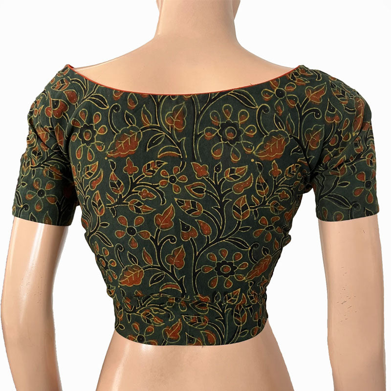 Ajrakh Cotton Round neck Blouse, with Short Sleeves Bottle Green, BA1155
