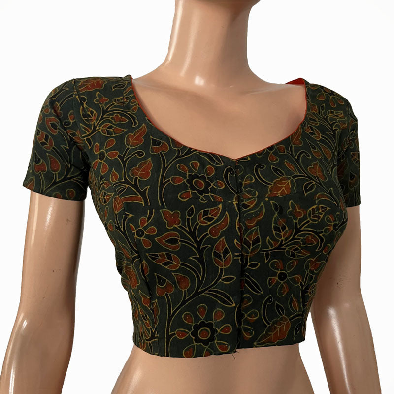 Ajrakh Cotton Round neck Blouse, with Short Sleeves Bottle Green, BA1155