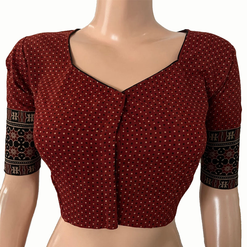 Ajrakh Cotton Sweetheart neck Blouse, Maroon, BA1156