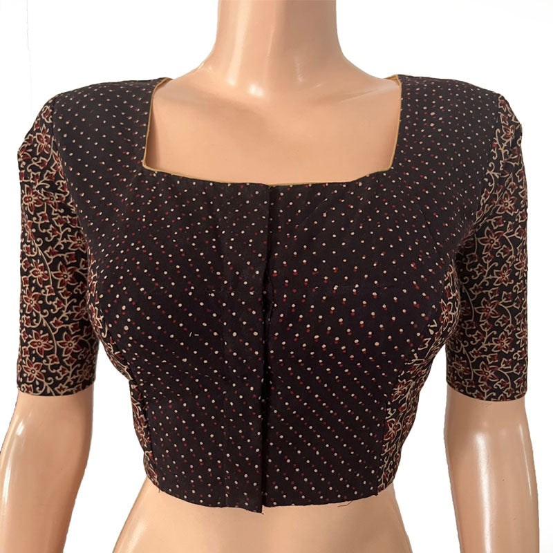 Ajrakh Cotton Square neck Blouse with Potli Button Details, Black, BA1158