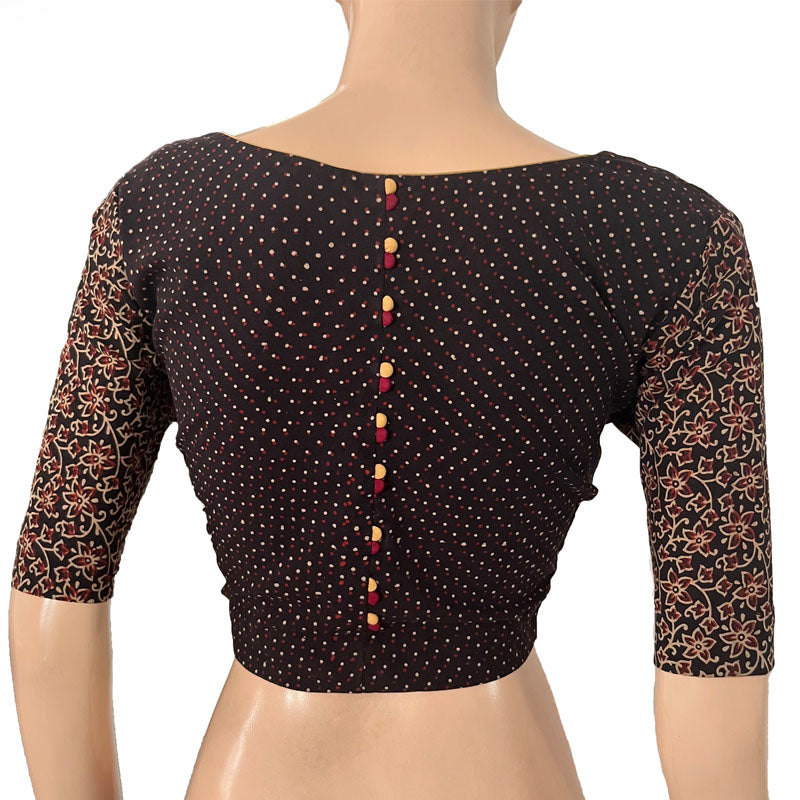 Ajrakh Cotton Square neck Blouse with Potli Button Details, Black, BA1158