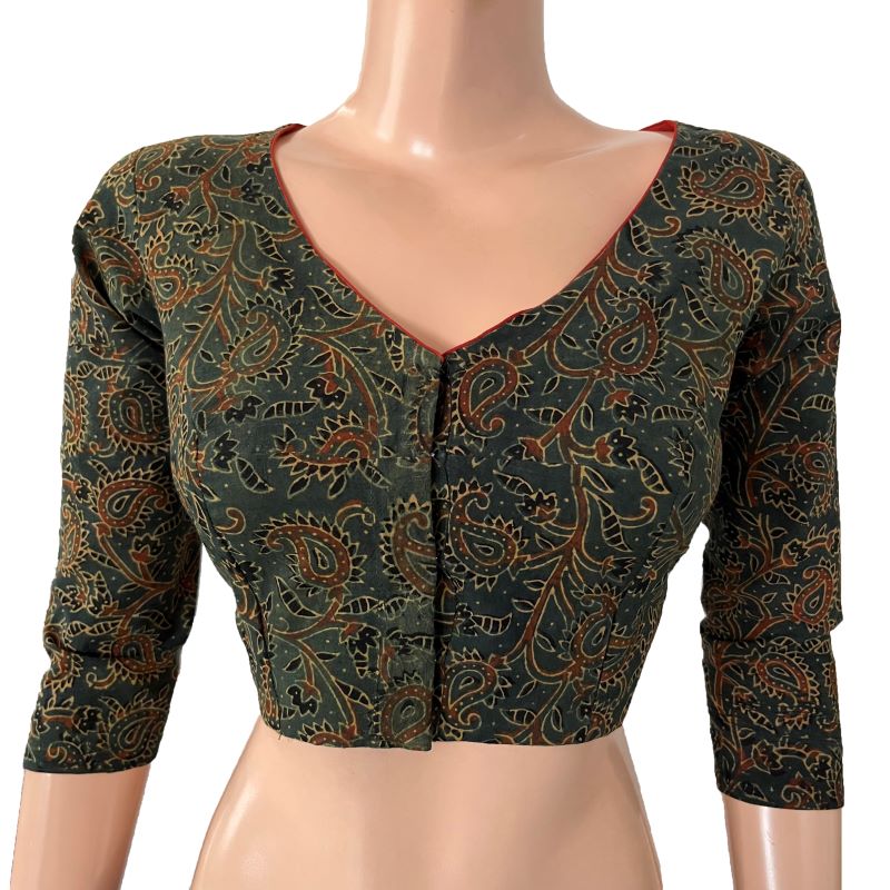 Ajrakh Cotton V neck Blouse with 3/4 Sleeves, Green , BA1161