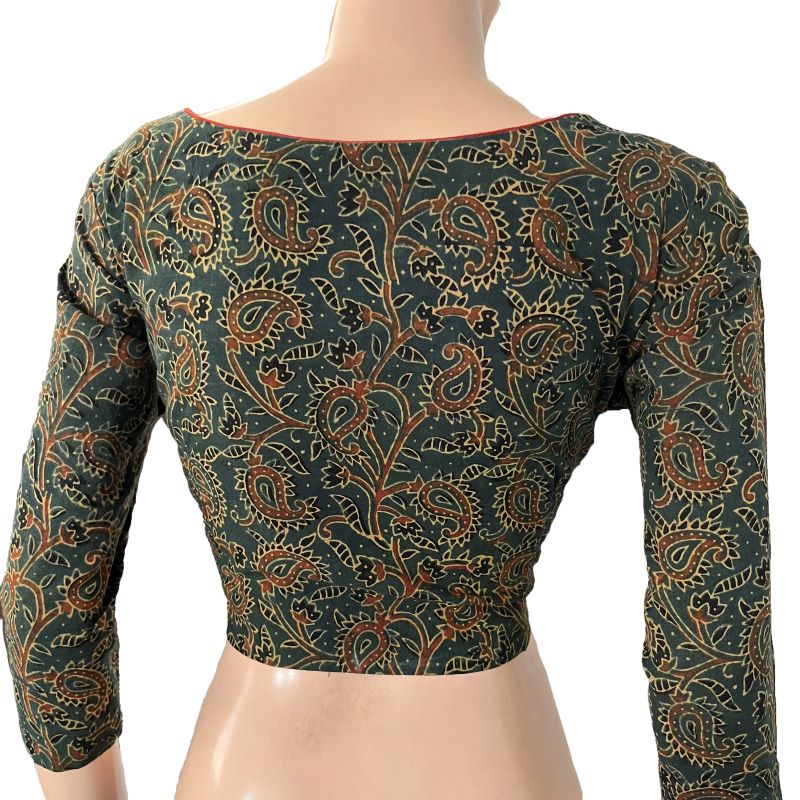 Ajrakh Cotton V neck Blouse with 3/4 Sleeves, Green , BA1161