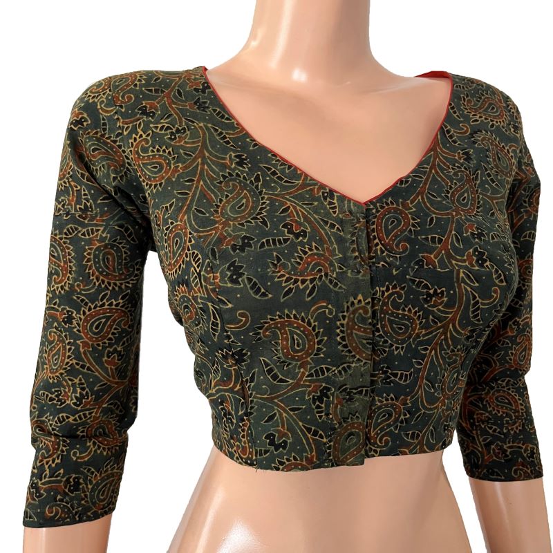 Ajrakh Cotton V neck Blouse with 3/4 Sleeves, Green , BA1161