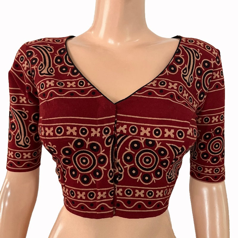 Ajrakh Cotton V neck Blouse , Maroon, BA1164