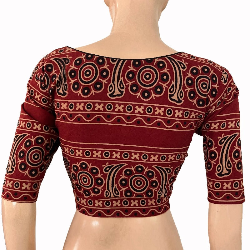 Ajrakh Cotton V neck Blouse , Maroon, BA1164