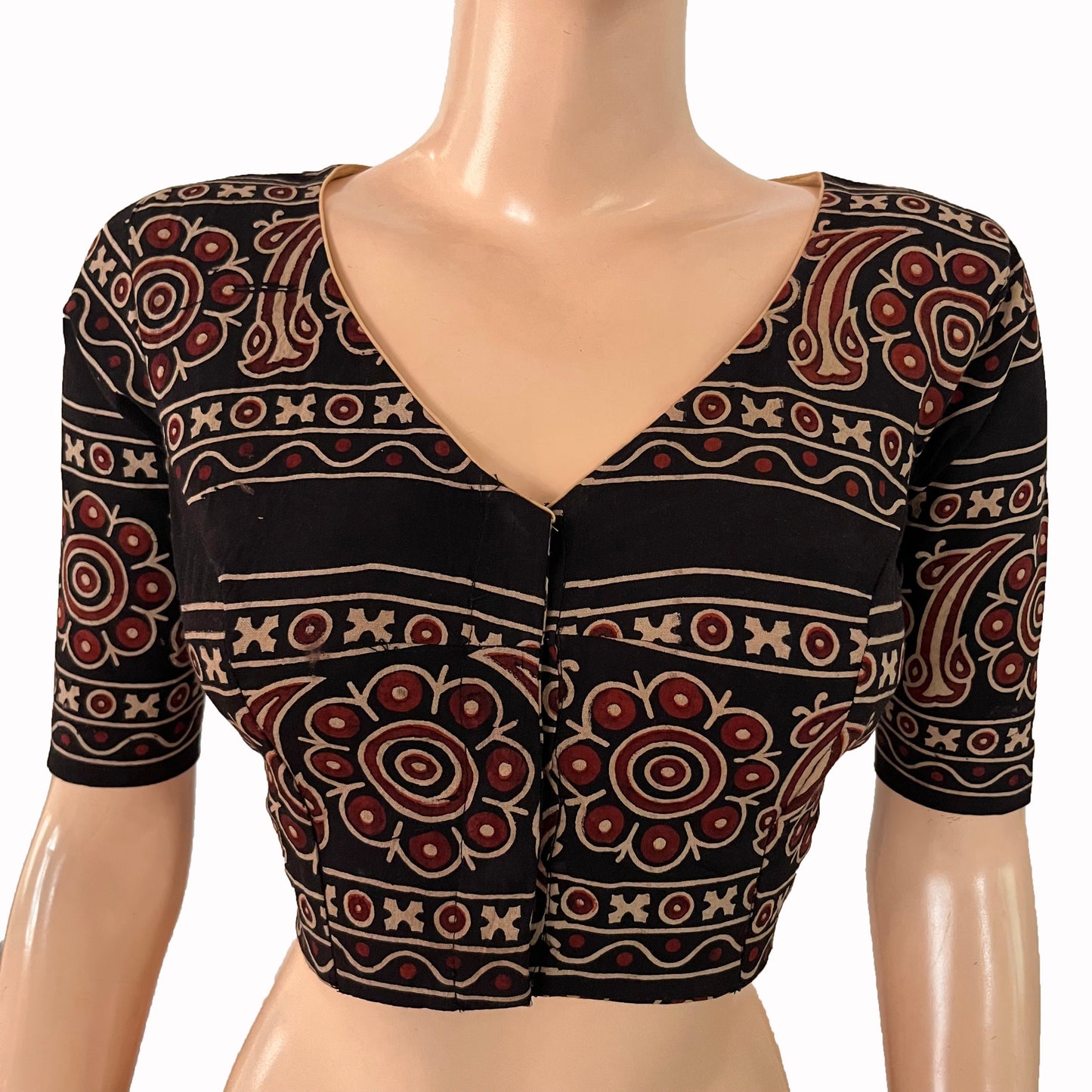 Ajrakh Cotton V neck Blouse , Black, BA1165