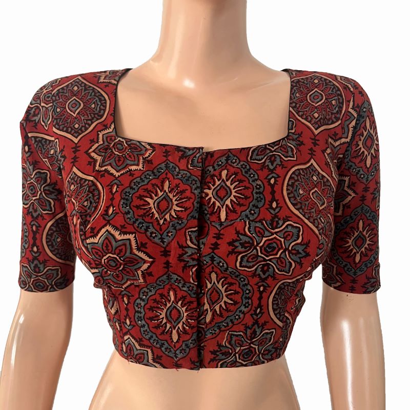 Ajrakh Cotton Square neck Blouse, Rust , BA1168