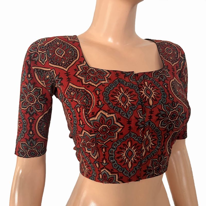 Ajrakh Cotton Square neck Blouse, Rust ,  BA1168 Ajrakh Cotton Square neck Blouse, Rust ,  BA1168