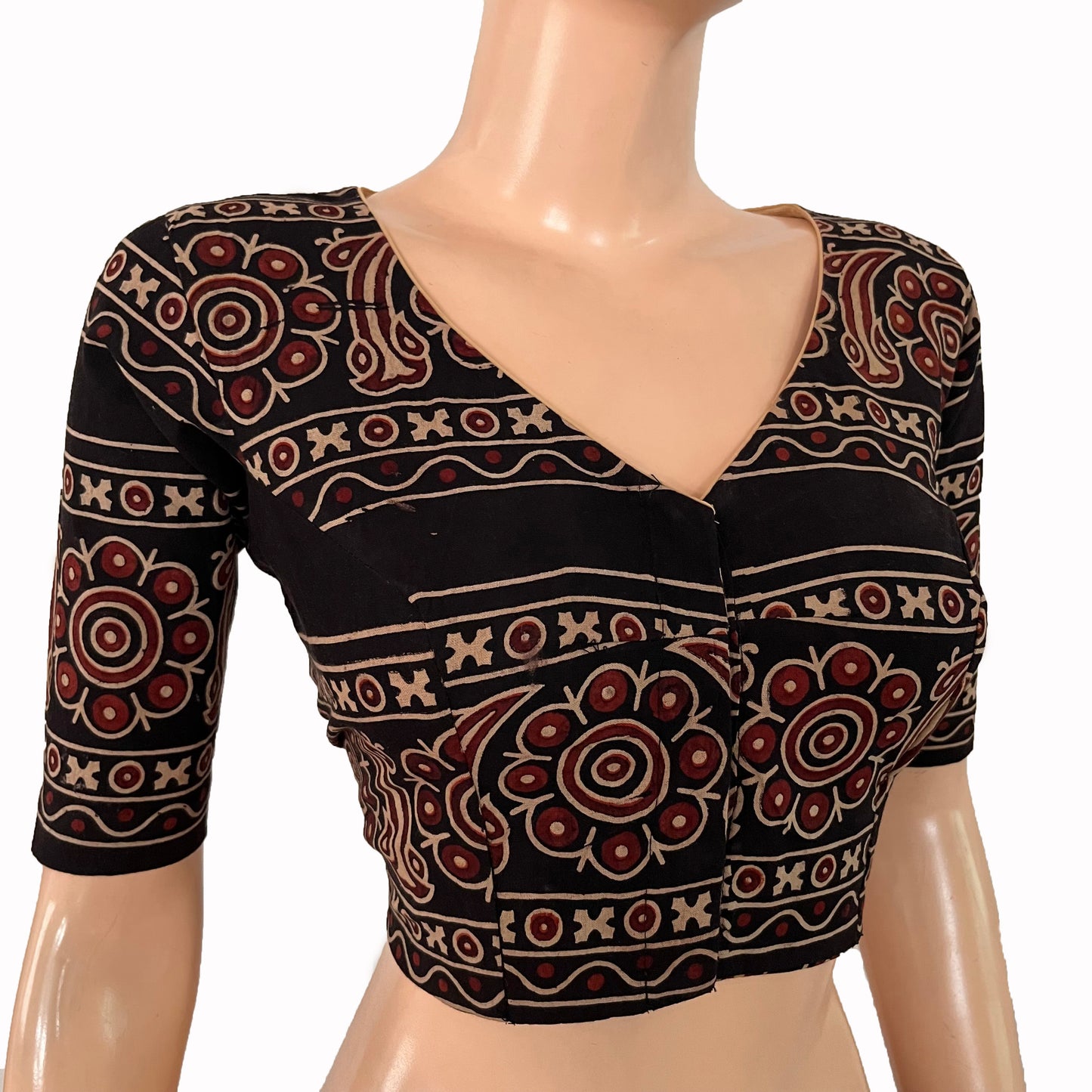 Ajrakh Cotton V neck Blouse , Black, BA1165