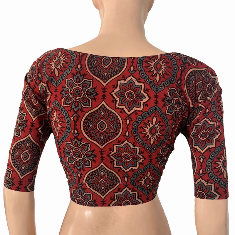 Ajrakh Cotton Square neck Blouse, Rust , BA1168