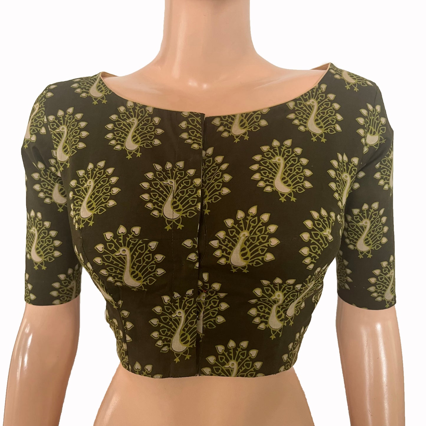 Ajrakh Cotton Boat neck Blouse , Bottle Green, BA1166