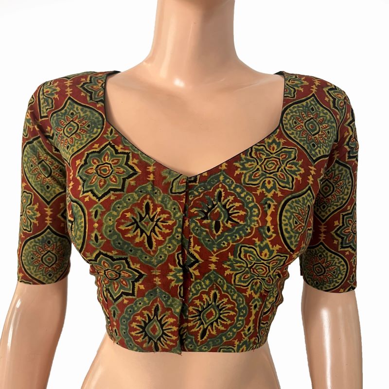 Ajrakh Cotton Sweetheart neck Blouse, Rust- Green , BA1169