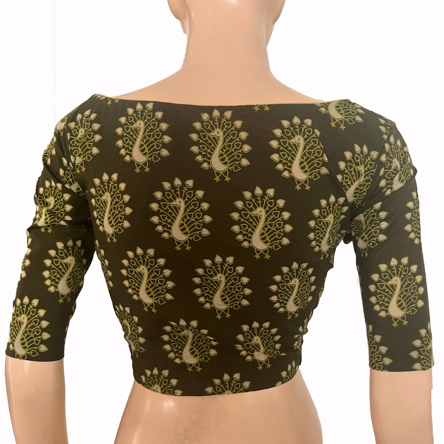 Ajrakh Cotton Boat neck Blouse , Bottle Green, BA1166
