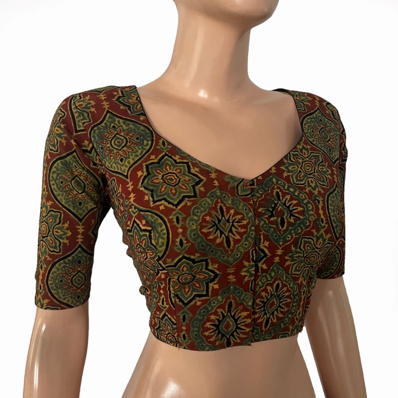 Ajrakh Cotton Sweetheart neck Blouse, Rust- Green ,  BA1169 Ajrakh Cotton Sweetheart neck Blouse, Rust- Green ,  BA1169