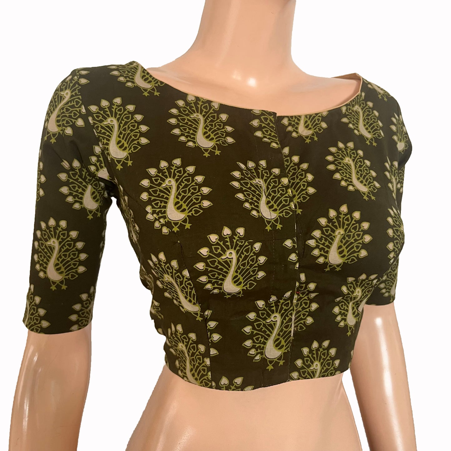 Ajrakh Cotton Boat neck Blouse , Bottle Green, BA1166