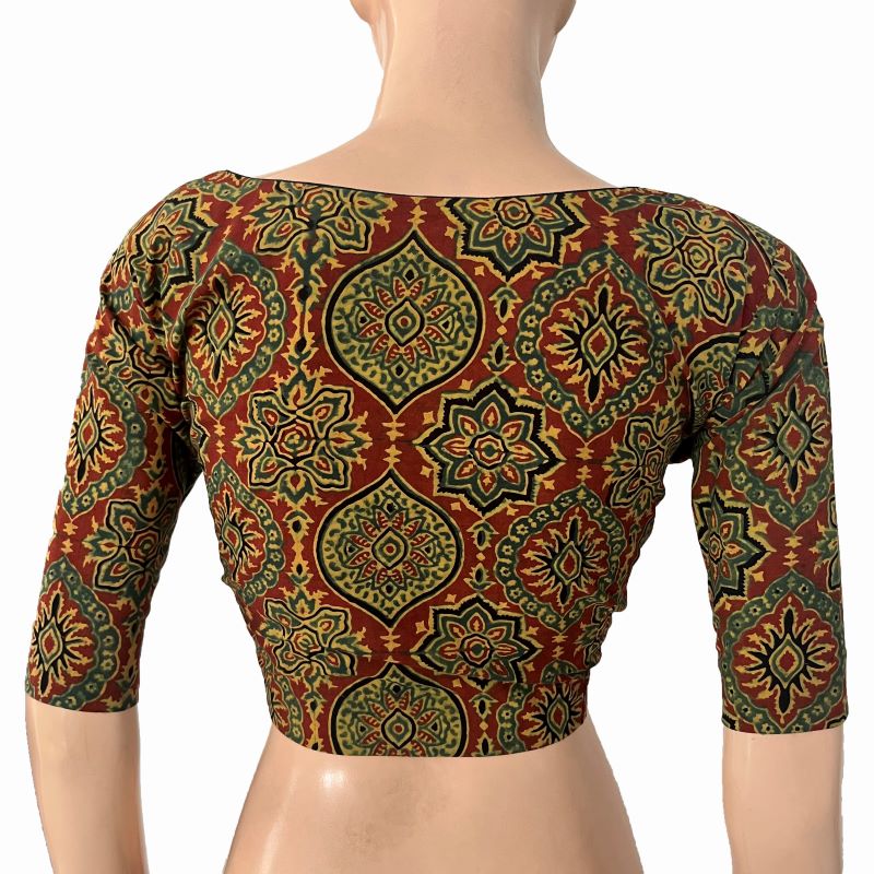 Ajrakh Cotton Sweetheart neck Blouse, Rust- Green , BA1169