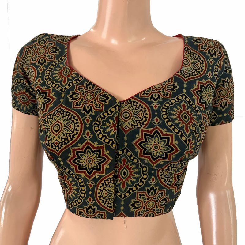 Ajrakh Cotton Sweetheart Neck Blouse with Short Sleeves & Potli Button Details  , Green ,  BA1171 Ajrakh Cotton Sweetheart Neck Blouse with Short Sleeves & Potli Button Details  , Green ,  BA1171