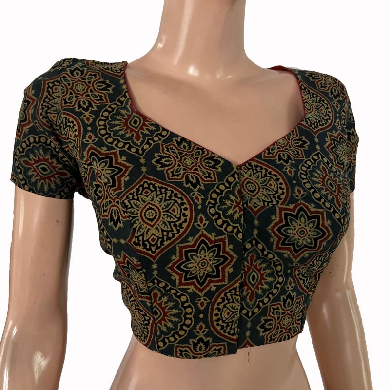 Ajrakh Cotton Sweetheart Neck Blouse with Short Sleeves & Potli Button Details , Green , BA1171