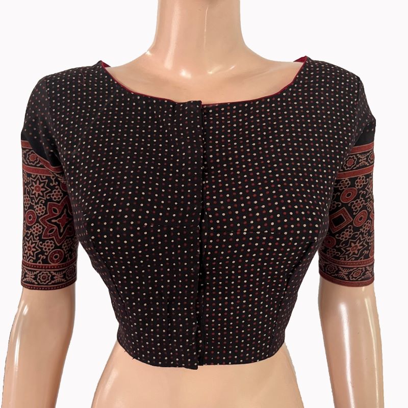 Ajrakh Cotton Boat Neck Blouse with Back Keyhole , Black ,BA1173