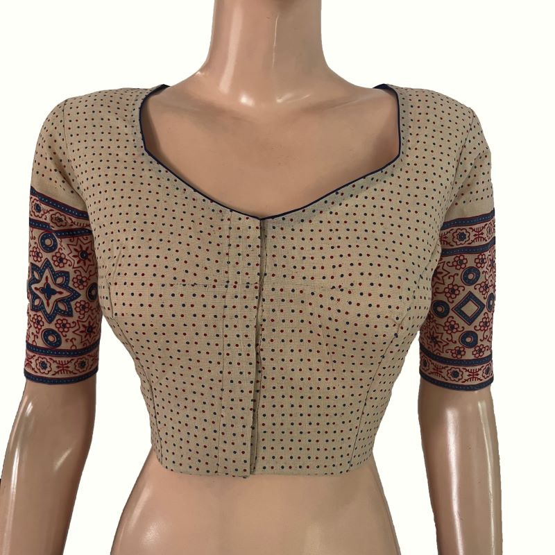 Ajrakh Cotton Sweetheart Neck Blouse, Ivory, BA1176 Ajrakh Cotton Sweetheart Neck Blouse, Ivory, BA1176