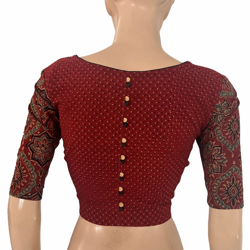 Ajrakh Cotton Square Neck Blouse with Potli Button Details , Maroon, BA1177 Ajrakh Cotton Square Neck Blouse with Potli Button Details , Maroon, BA1177