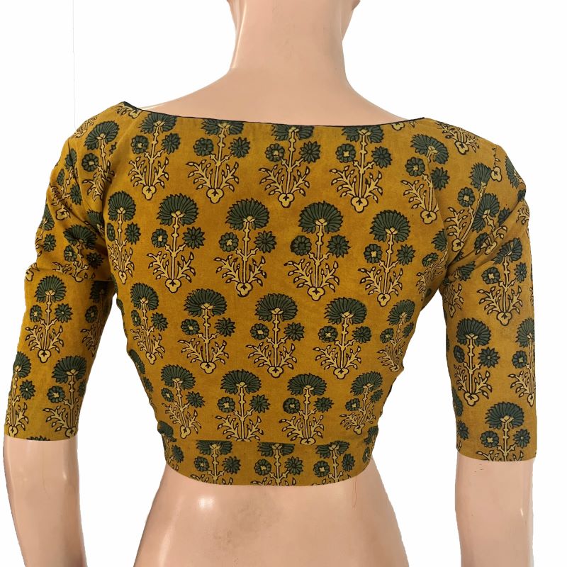 Ajrakh Cotton Boat Neck Blouse, Mustard , BA1178 Ajrakh Cotton Boat Neck Blouse, Mustard , BA1178