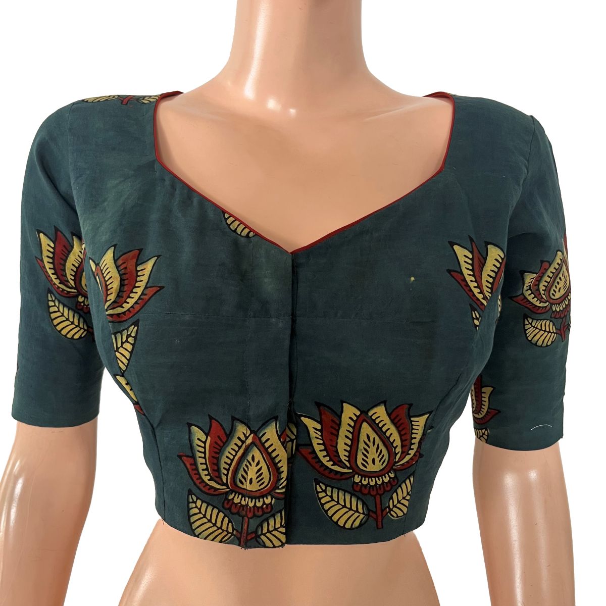 Ajrakh Cotton Sweetheart Neck Blouse ,Bottle Green , BA1186