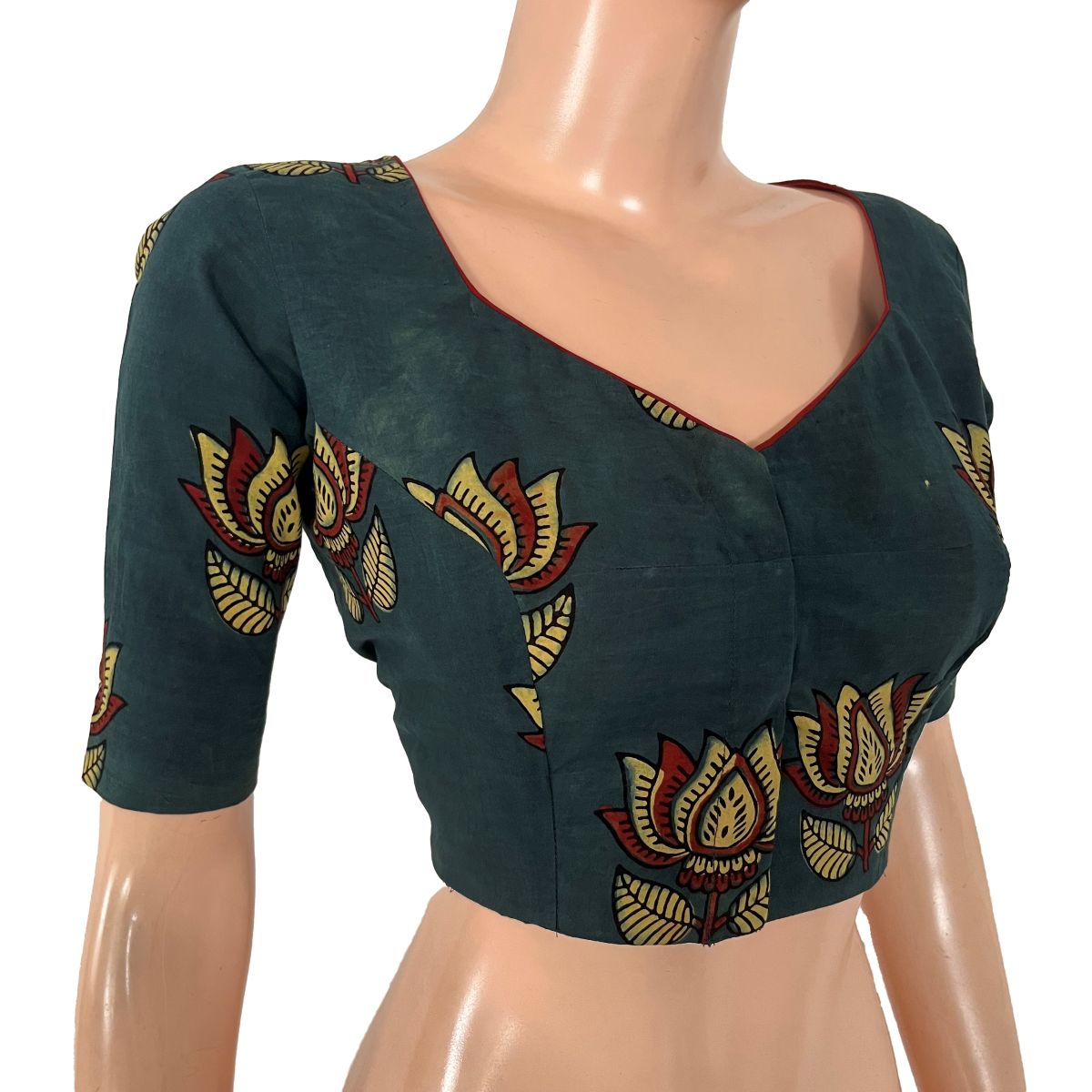 Ajrakh Cotton Sweetheart Neck Blouse ,Bottle Green , BA1186