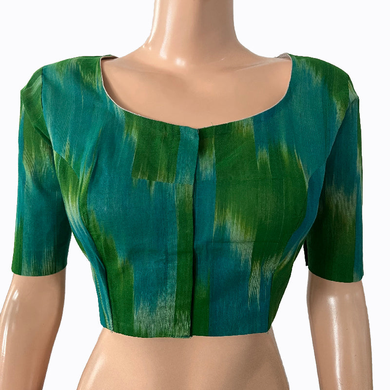 Mangalgiri Tie-dye Cotton Round neck Blouse, Green -blue, BH1242