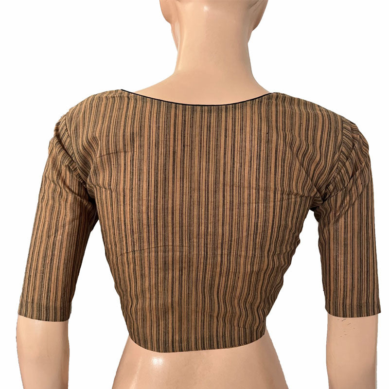 Striped Handloom Cotton Sweetheart neck Blouse, Beige - black, BH1251