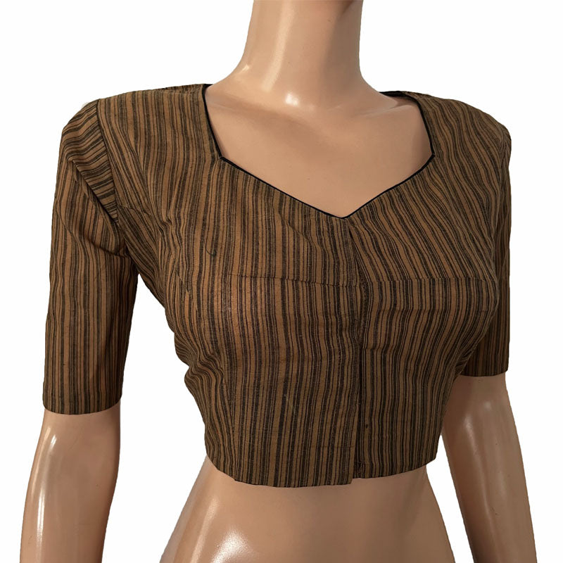 Striped Handloom Cotton Sweetheart neck Blouse, Beige - black, BH1251